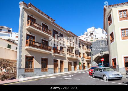 CANDELARIA, TENERIFE, CANARY, SPAIN - CIRCA JAN, 2016: Traditional architecture of beautiful narrow pedestrian streets of Candelaria town. The Candela Stock Photo