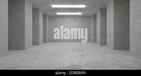 Abstract empty, modern concrete room with lighting from ceiling and side pillars and rough floor - industrial interior background template, 3D illustr Stock Photo