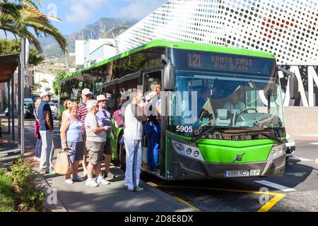 SANTA CRUZ, TENERIFE, CANARY, SPAIN - CIRCA JAN, 2016: Passengers buy the tickets from the bus driver. Titsa green bus at the city stop. Titsa company Stock Photo