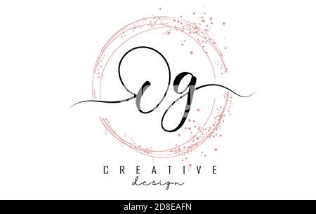 Handwritten OG o g letter logo with sparkling circles with pink glitter. Decorative vector illustration with O and g letters. Stock Vector