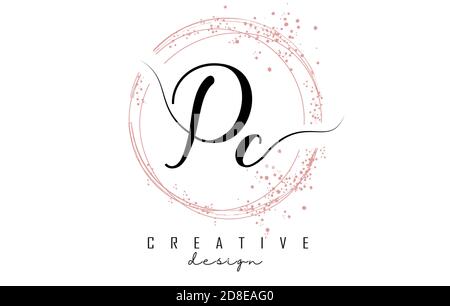 Handwritten PC p c letter logo with sparkling circles with pink glitter. Decorative vector illustration with P and c letters. Stock Vector