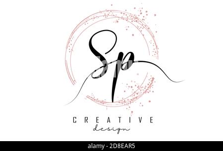 Handwritten Sp S p letter logo with sparkling circles with pink glitter. Decorative vector illustration with S and p letters. Stock Vector