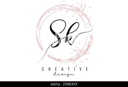 Handwritten Sk S kj letter logo with sparkling circles with pink glitter. Decorative vector illustration with S and k letters. Stock Vector