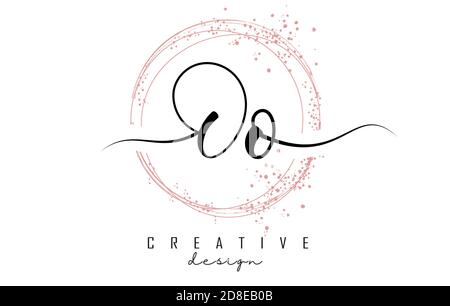 Handwritten Oo O o letter logo with sparkling circles with pink glitter. Decorative vector illustration with O and o letters. Stock Vector