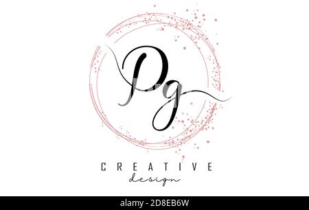 Handwritten Pg P g letter logo with sparkling circles with pink glitter. Decorative vector illustration with P and g letters. Stock Vector