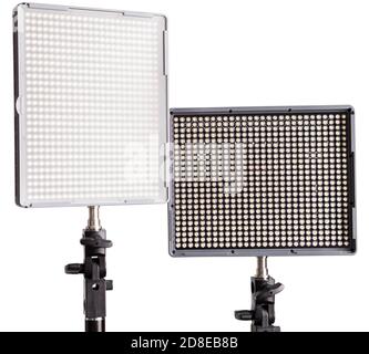 Video led light set with two panels, vertical with soft filter and horizontal with hard light, isolated on white background Stock Photo