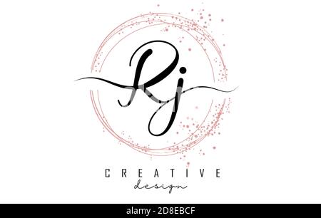 Handwritten Rj R j letter logo with sparkling circles with pink glitter. Decorative vector illustration with R and j letters. Stock Vector