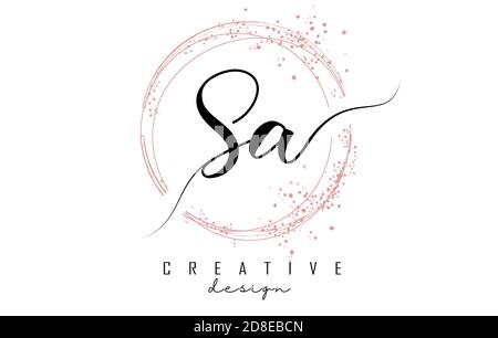 Handwritten SA S A letter logo with sparkling circles with pink glitter. Decorative vector illustration with S and A letters. Stock Vector