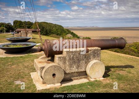 UK, Kent, Whitstable, Tankerton, Marine Parade, Tankerton Slopes, old rusty 1700s cannon facing out to sea Stock Photo