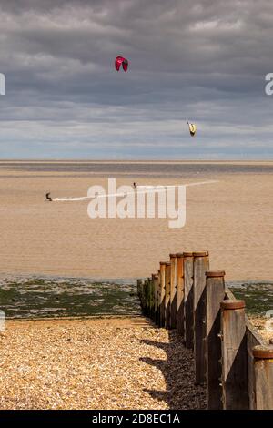 UK, Kent, Whitstable, kite surfers off Tankerton beach Stock Photo