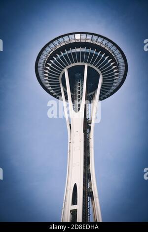 Photo of a lower view of the Space Needle in Seattle