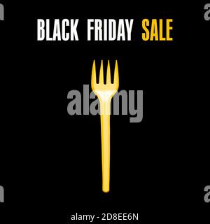 Yellow plastic fork on a black background. Black Friday concept Stock Photo