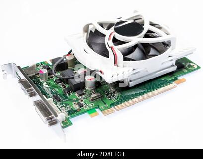 Graphic card or video card with large cooler, white background Stock Photo