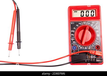 Red multimeter tester with lcd screen for measuring electrical data, isolated on a white background Stock Photo