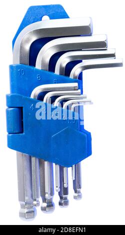Allen key kit from chrome wrenches in blue plastic holder, isolated on a white background Stock Photo
