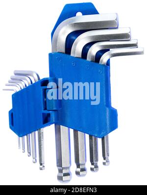 Allen key kit from chrome steel wrenches in blue plastic holder, isolated on a white background Stock Photo