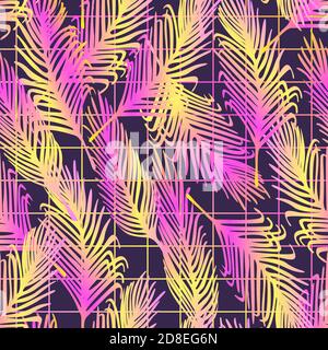 Seamless vector pattern with neon palm leaves. Tropical glowing background with grid. Vaporwave, retrowave, synth music style concept Stock Vector