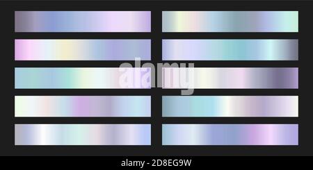 Collection of iridescent silver foil gradients. Vector illustration of holographic neon metallic texture set. Realistic metal design template elements Stock Vector