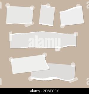 Realistic empty torn paper notes with sticky tape on beige background. Vector illustration of mood board mockup with ripped paper scraps. Square Stock Vector