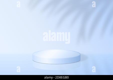 Realistic 3d round podium for product demonstration. Cylinder platform with tropical shadow overlay effect blue background. Scene with pedestal for Stock Vector