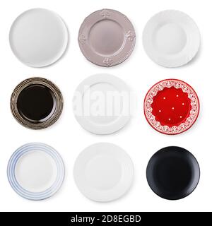 Set of empty multi-colored ceramic plates isolated on a white background, top view Stock Photo