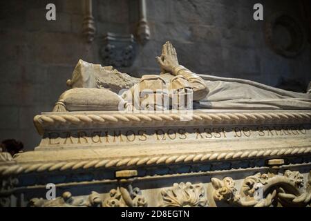 Tomb of Vasco da Gama in the interior of Jerónimos Monastery in Lisbon, Portugal, Europe. Stock Photo