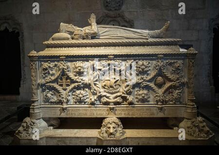 Tomb of Vasco da Gama in the interior of Jerónimos Monastery in Lisbon, Portugal, Europe. Stock Photo