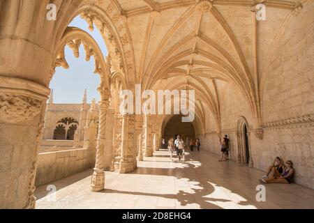 Interior cloister of Jerónimos Monastery in Lisbon, Portugal, Europe.