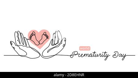 World Prematurity Day simple vector banner, background with small feet in the hands. One continuous line drawing with lettering Prematurity Day Stock Vector