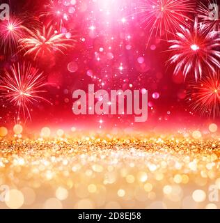 Abstract Christmas Celebration - Shiny Golden Glitter With Defocused Lights And Fireworks On red Background - contain 3d Illustration Stock Photo