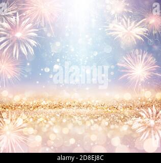 Abstract New Year Eve Background - Champagne And Clock With Fireworks Stock Photo