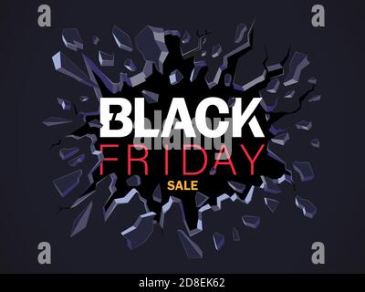 Black friday Sale banner. Inscription destroys the wall. Black crack in the blue wall. Dynamic Template for poster, banner, flyer, web. Stock Vector