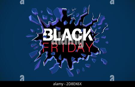 Black friday Sale banner. Inscription destroys the wall. Black crack in the blue wall. Template for poster, banner, flyer, web. Stock Vector