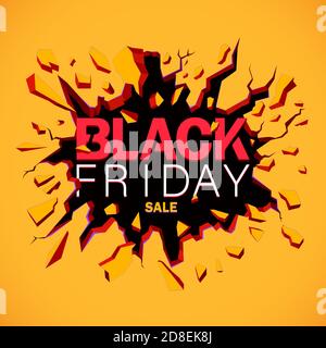 Black friday Sale banner. Inscription destroys the wall. Black crack in the yellow wall. Square Template for poster, banner, flyer, web. Stock Vector