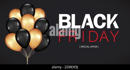 Black Friday Sale Poster with Dark and gold Balloons Bunch Isolated on black Background. Realistic Vector illustration. Stock Vector
