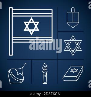 star of david and hanukkah icon set over blue background, line style, vector illustration Stock Vector