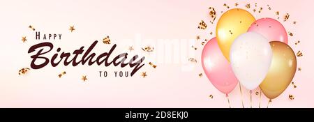 3d balloons on gentle Pink Background. Celebrate birthday template. Realistic balloons with gold confetti. Design with baloon, color pink, gold and wh Stock Vector