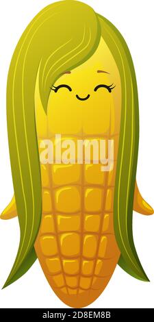 Corn character. Kawaii corn girl smiling. Vector isolated on white background for animation. Happy smiling vegetable Stock Vector