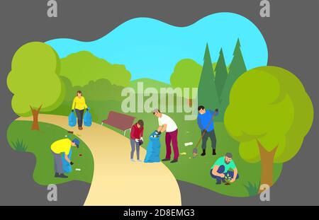 Volunteers, young and old, clean in the city Park, plant trees, collect garbage. Volunteering, charity social concept. Vector flat illustration. Ecolo Stock Vector