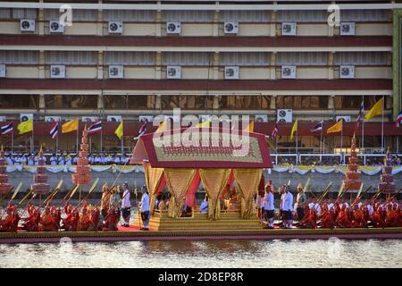 Two Thai princesses embarked on the Royal Barge Anekkachatphutchong, part of the Royal Barge Procession for the coronation ceremony. Stock Photo