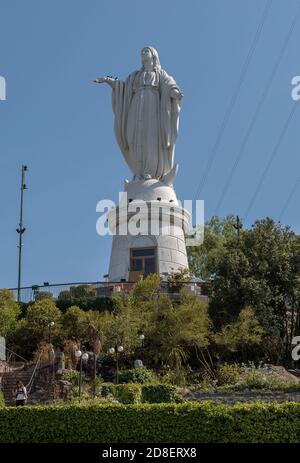 Virgin Mary Statue on top of San Cristobal Hill, Santiago, Chile Stock Photo