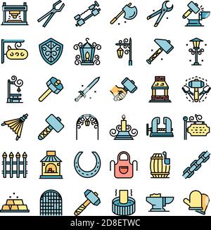 Blacksmith icons set. Outline set of blacksmith vector icons thin line color flat on white Stock Vector