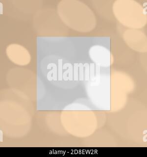 Vector illustration of square paper mockup with realistic dappled light shadow overlay effect. Blurred transparent shadow with bokeh light from Stock Vector