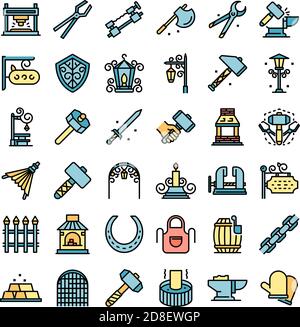 Blacksmith icons set. Outline set of blacksmith vector icons thin line color flat on white Stock Vector