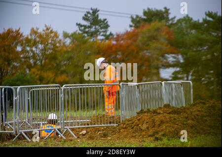 Aylesbury Vale, Buckinghamshire, UK. 28th October, 2020. HS2 at work near Grim's Ditch. A viaduct is going through the valley and ancient woodland for the High Speed 2 rail link from London to Birmingham. The hugely controversial HS2 construction puts 108 ancient woodlands, 33 SSSIs and 693 wildlife sites at risk. Credit: Maureen McLean/Alamy Stock Photo