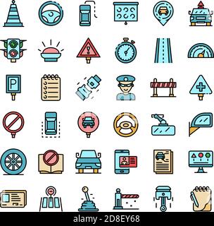 Driving school icons set. Outline set of driving school vector icons thin line color flat on white Stock Vector