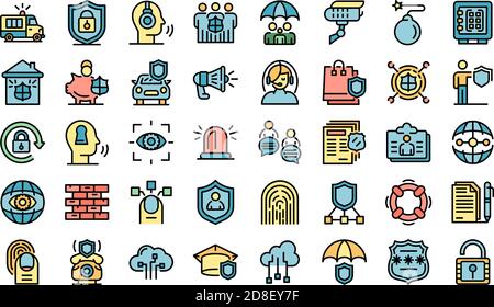 Security service icons set. Outline set of security service vector icons thin line color flat on white Stock Vector