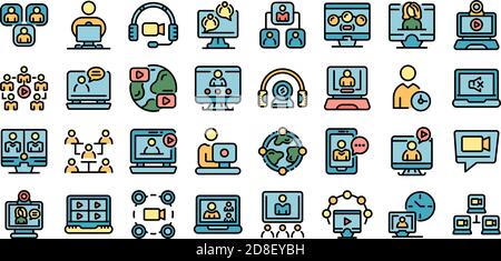 Online meeting icons set. Outline set of online meeting vector icons thin line color flat on white Stock Vector