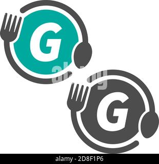 Fork and spoon icon circling letter G logo design concept Stock Vector