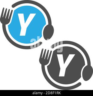 Fork and spoon icon circling letter Y logo design concept Stock Vector